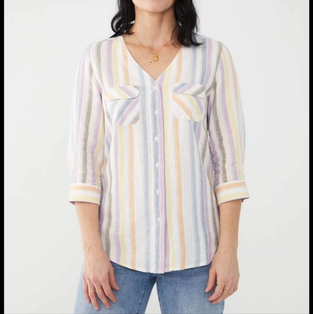 NWT French Dressing Jeans Striped Button Down Linen Blend Women's Shirt Size S